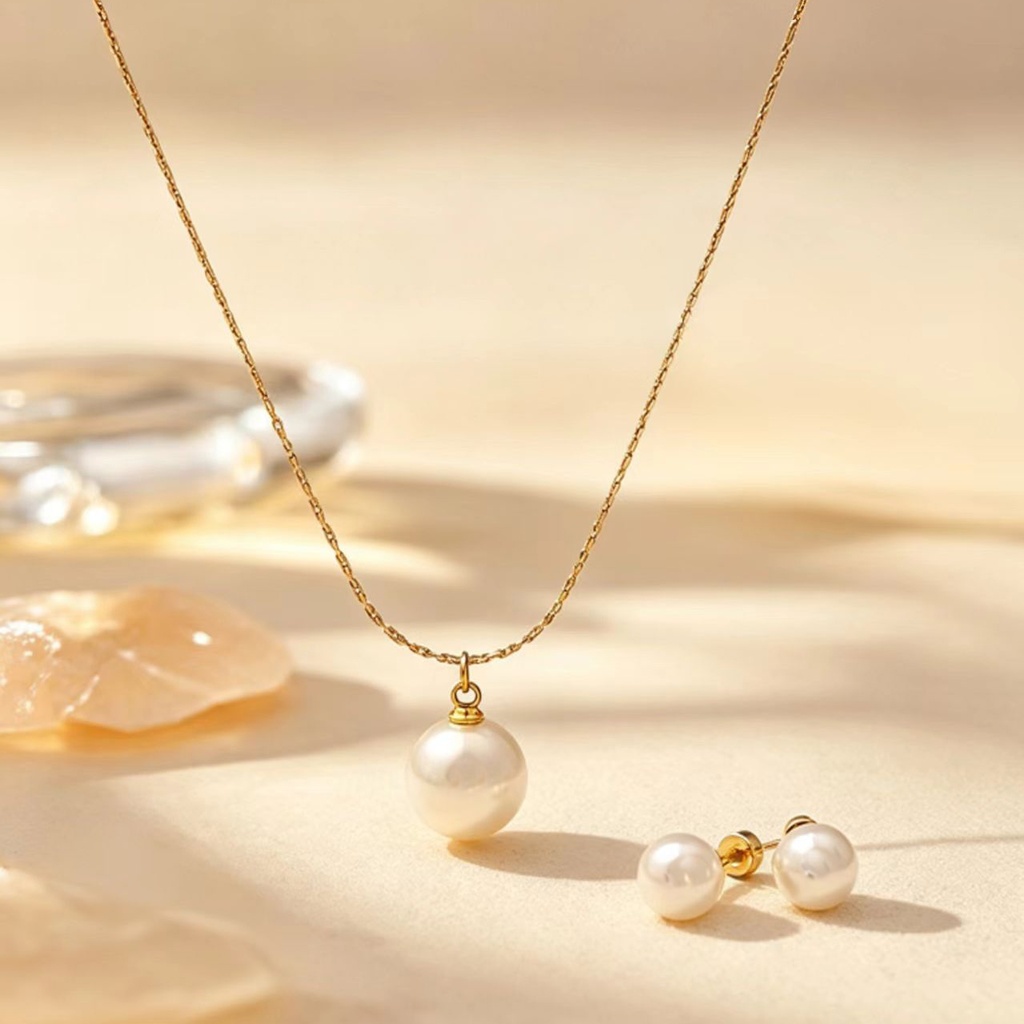 [NH53688616] Conjunto con perla de acero inoxidable 304 con recubrimiento PVD y chapado en oro 18k
